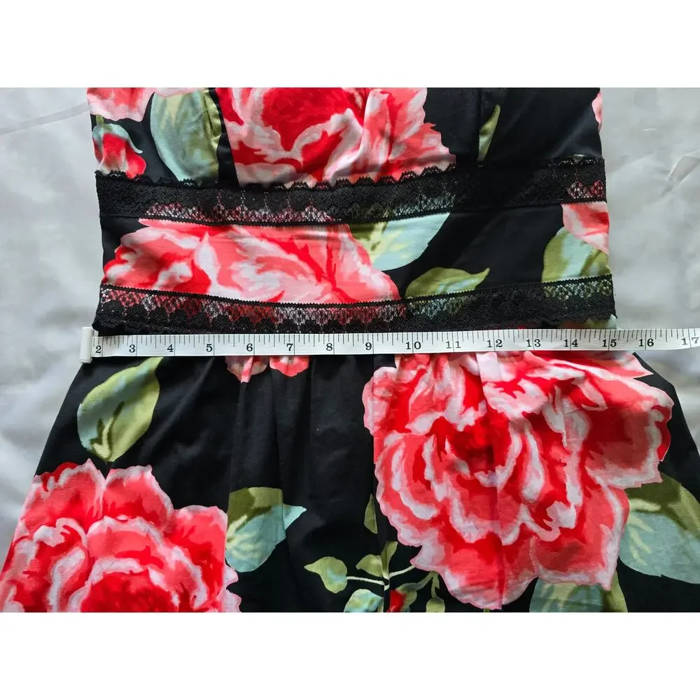 B. Smart Floral Fit & Flare Dress Black Red Rose Print Size 4 Lace Trim - Picture 6 of 8